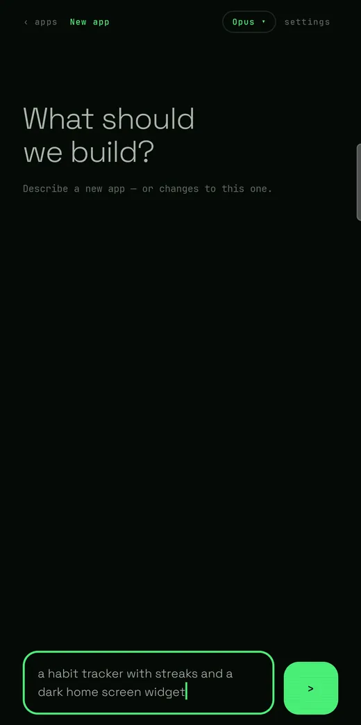 The AppMama app on a phone, asking “What should we build?” with the words “a habit tracker with streaks and a dark home screen widget” typed into the box.